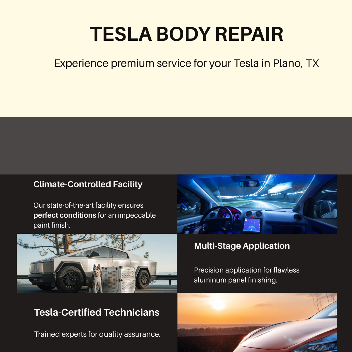 Certified technicians performing premium Tesla body repair with advanced aluminum frame restoration in Plano TX.