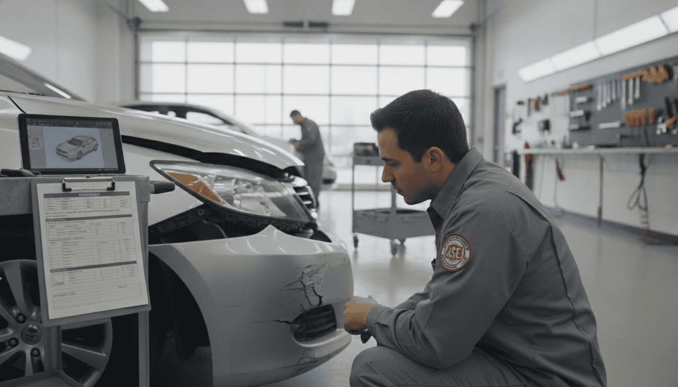 ASE-certified technician inspecting collision damage during an insurance estimate at Auto Clinique in Dallas